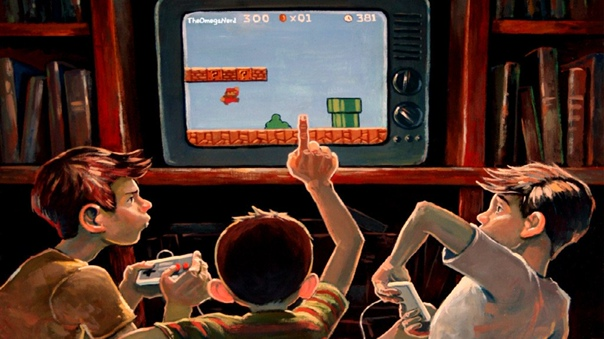 Парни вдвоем играют в денди. В Марио. Младший брат еще не понял, в чем подвох)))