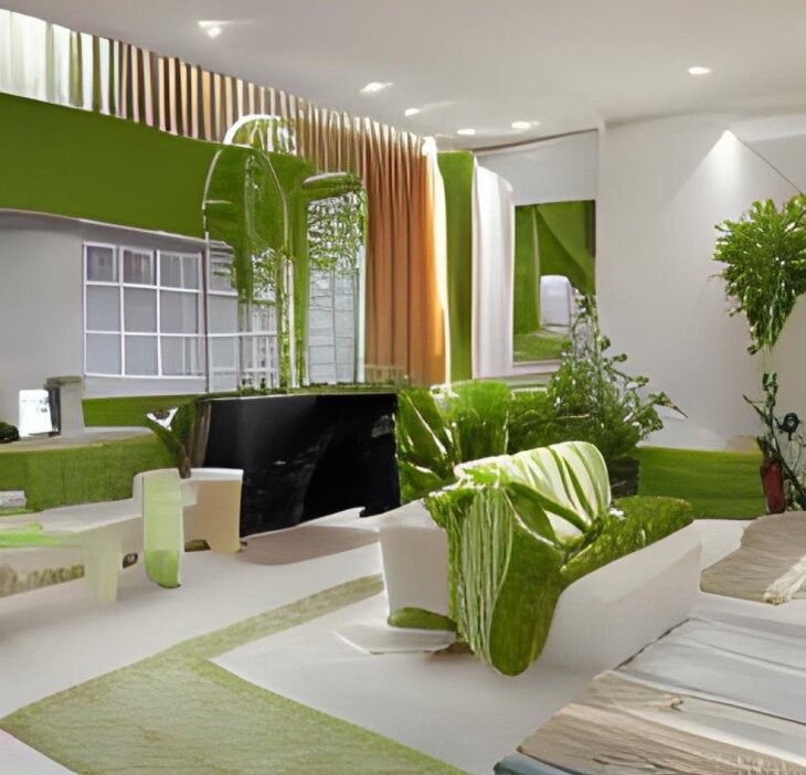 Светлая комната с зелеными стенами в стиле хай-тек