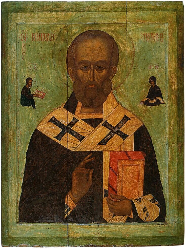 Святитель Николай Середина XVI в., зелёный цвет нимба с фоном здесь символ святительства, преподобия святого.