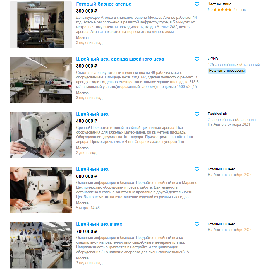 Предложения о продаже готовых швейных цехов на авито