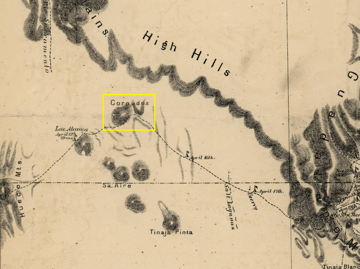 Лос-Корнудас на карте 1869 г. разведки, проведенной бревет-майором Муром