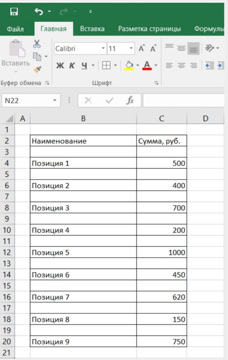 Таблица 1.1. Исходный вариант таблицы.

