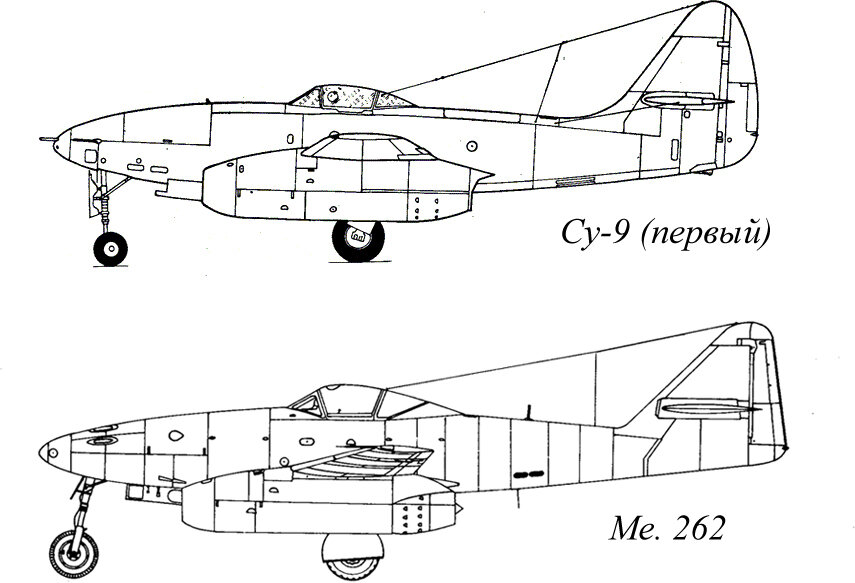 Схема проекций самолетов Су-9 (первый) и Me. 262. 