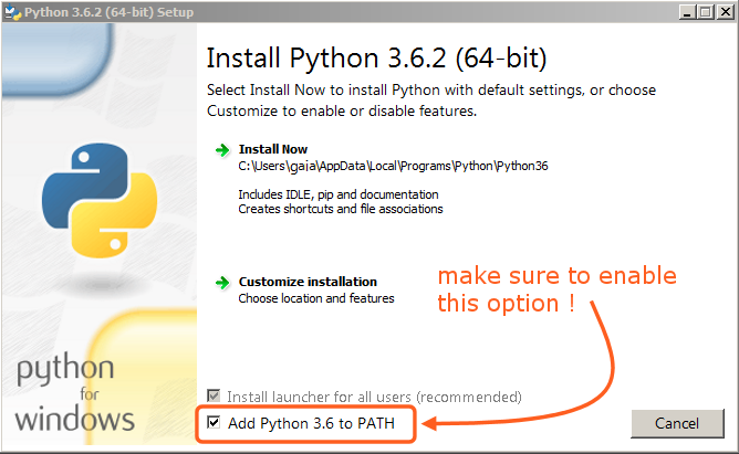 Не забудьте поставить галочку "Add Python to PATH"! 