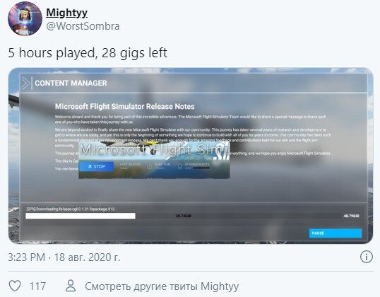 Твит игрока в Microsoft Flight Simulator 2020