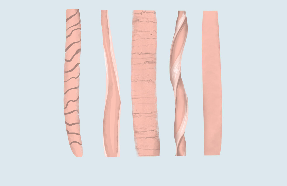 Иллюстрация структуры волокна по порядку: кашемир, шелк, лен, хлопок, синтетика (полиэстр).