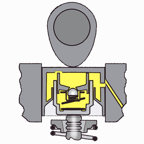 Рис 3 – Кулачек давит на гидрокомпенсатор. Внутри плунжерной пары создается давление, которым запирается шариковый клапан 8. Так как у масла маленький коэффициент сжатия, получается, что гидрокомпенсатор выступает как жесткий элемент между распредвалом и клапаном. Получается, что кулачек распредвала давит на компенсатор, а он в свою очередь открывает клапан. В процессе сдавливания гидрокомпенсатора из плунжерной пары через клапан выдавливается небольшое количество масла, прежде чем шарик полностью преградит дорогу маслу. Таким образом, вновь образуется зазор, который при следующем проворачивании распредвала на 180 градусов исчезнет за счет пружины плунжерной пары и новой закачанной в него порции масла. В этом заключается работа гидрокомпенсатора, что, не смотря на температуру двигателя (присутствует или нет тепловое расширение деталей), гидрокомпенсатор всегда подбирает необходимый зазор. На протяжении всего срока службы не требует дополнительных вмешательств и проведения, каких-либо настроек.