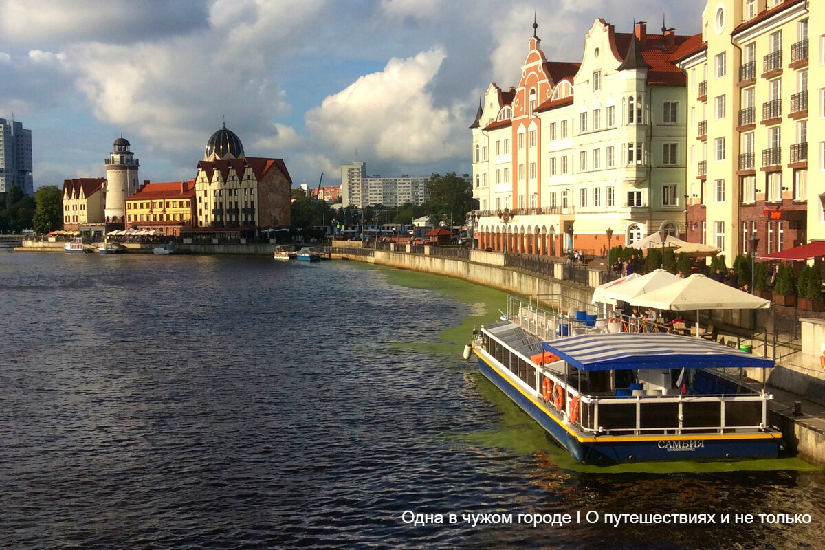 Кораблик огибает остров Канта, проходит мимо стоянки кораблей Музея мирового океана, заходит в порт Калининград. Всё это время аудио-гид рассказывает о достопримечательностях за бортом и их истории.