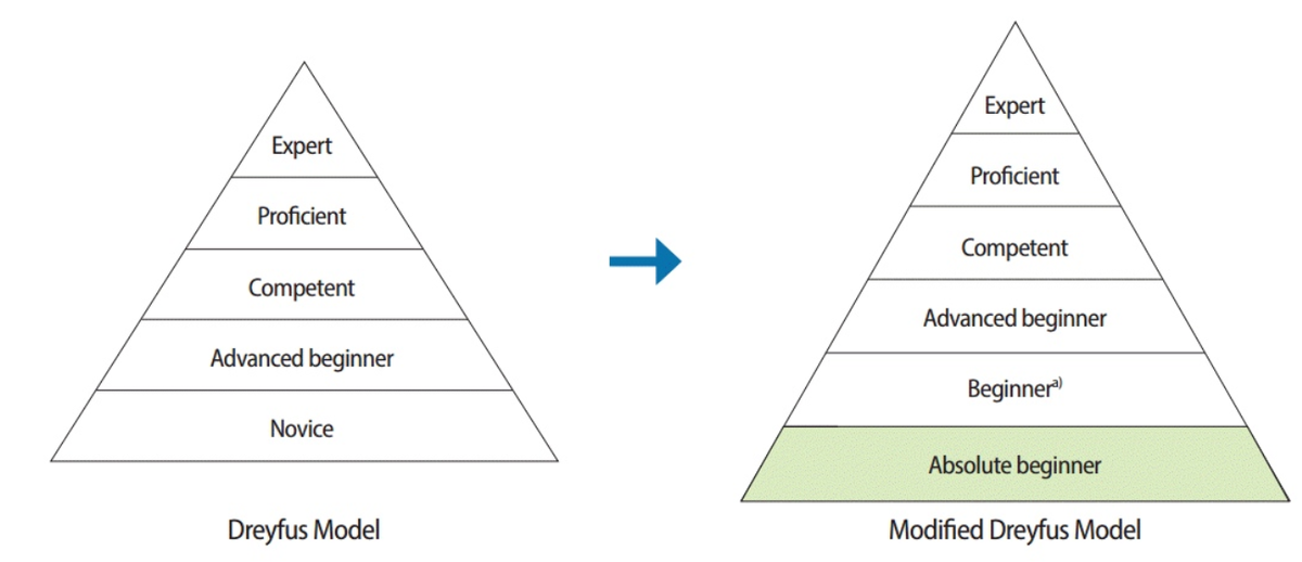 Улучшенная модель Дрейфуса различает "абсолютный ноль", "начинающего" и "продвинутого начинающего". Это почти то же самое, что в английском, если различать уровни A0, A1 и A2. Cкриншот из работы корейских исследователей (ссылка в конце поста). 