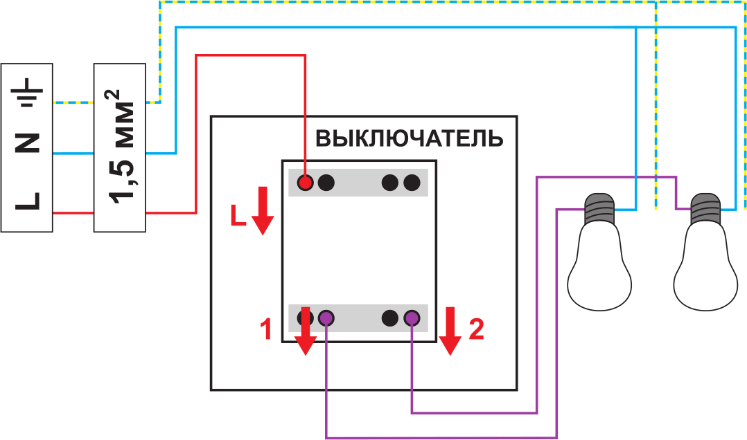 Подключение эл выключателя. Схема подключения 2 клавишного выключателя. Схема подключения выключателя света с 2 клавишами. Схема подключения 2кл выключателя. Схема подключения двойного выключателя 1 2 l.