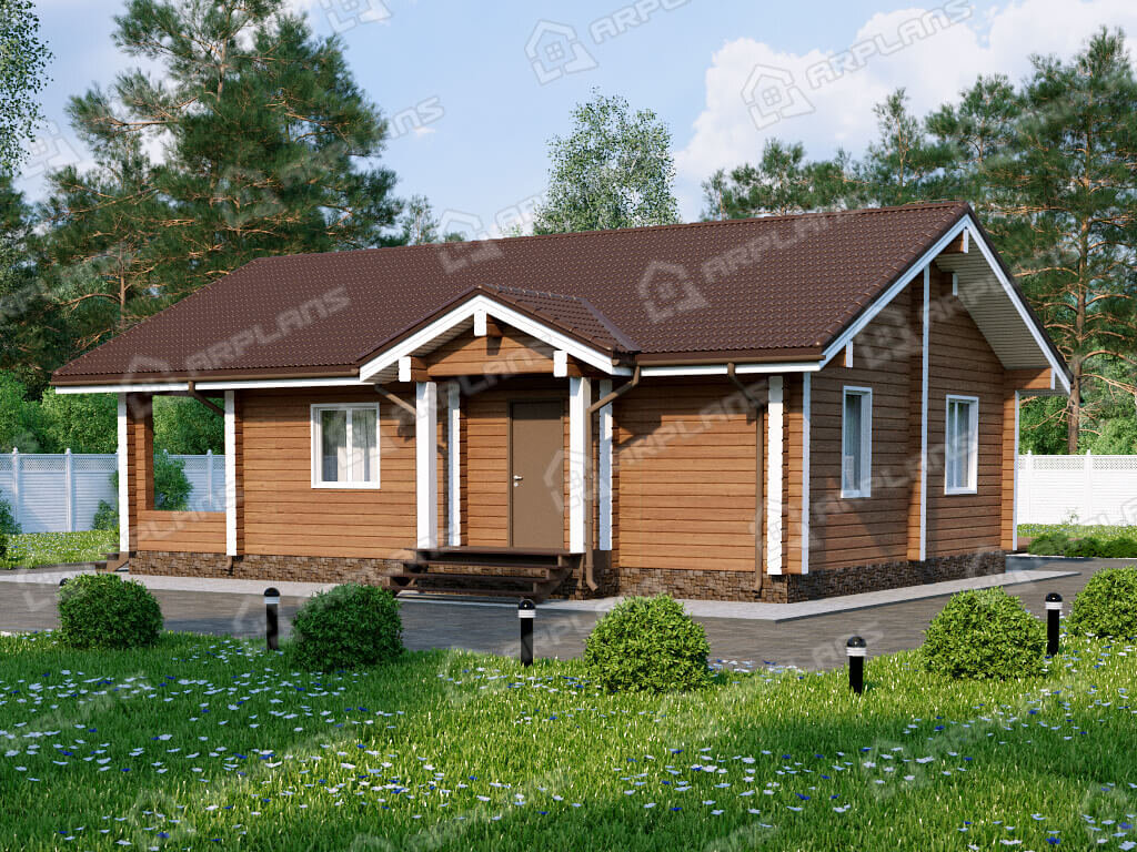 Фото 2 одноэтажного дома из бруса с 1 спальней и террасой, 70 кв м. Источник arplans.ru Проект ДС-175
