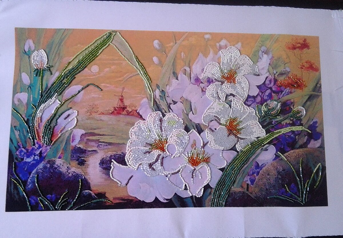 Лилии и мельница. Вышивка бисером.        