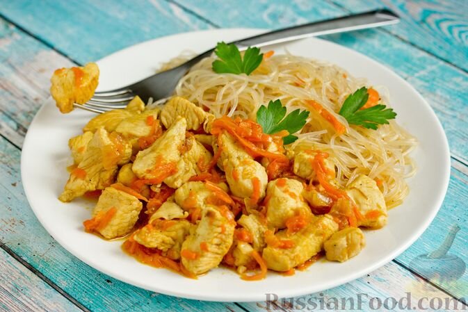 куриное филе, лук репчатый, морковь, лавровый лист, соль, перец чёрный молотый, куркума молотая, паприка молотая, кориандр, масло подсолнечное