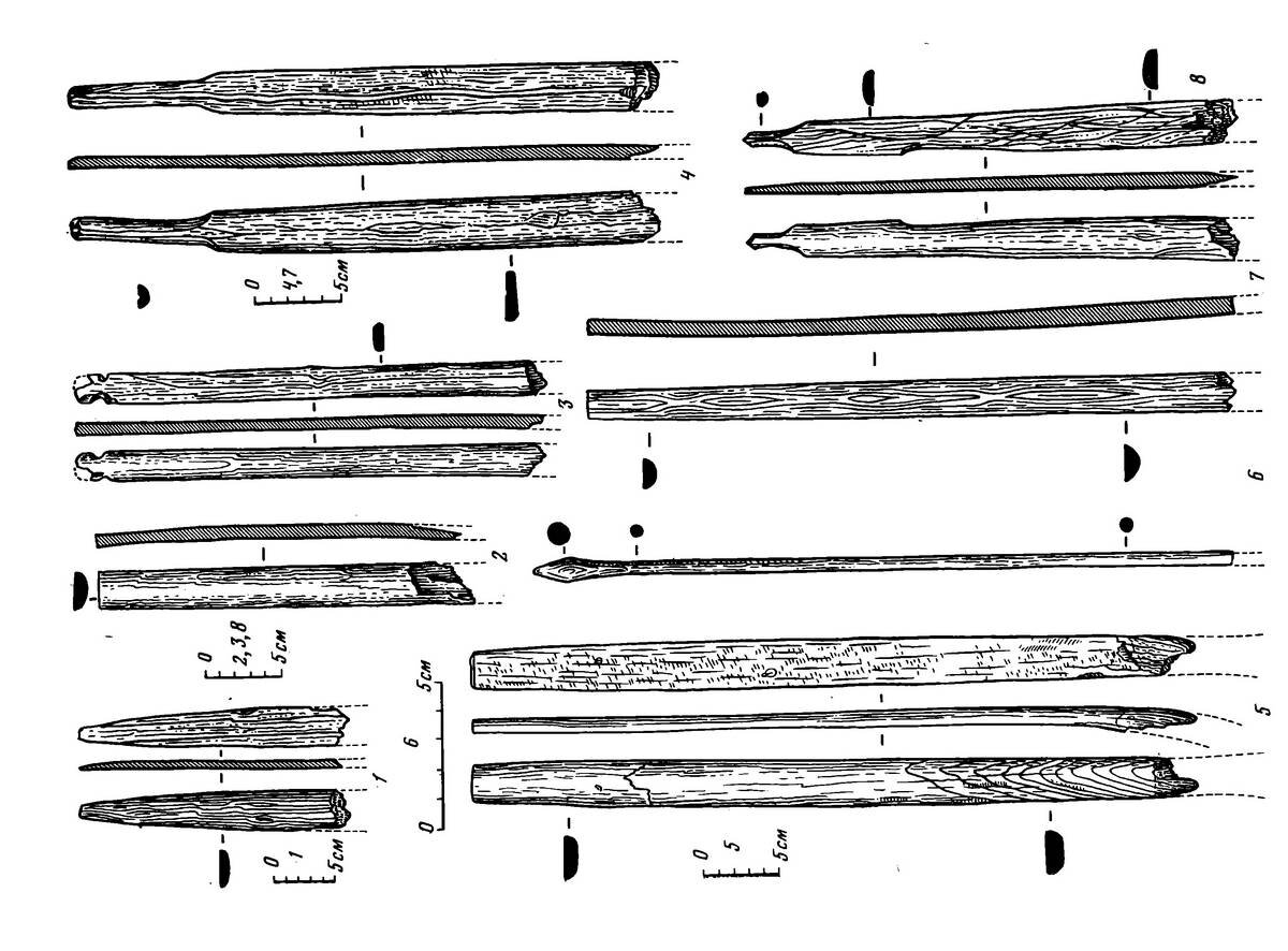 Фрагменты сложных луков и деревянных стрел V в. н. э. с поселения Вис-II. Из публикации Г.М. Бурова «Луки и деревянные стрелы V–VI вв. н. э. с поселения Вис-II в Привычегодье»