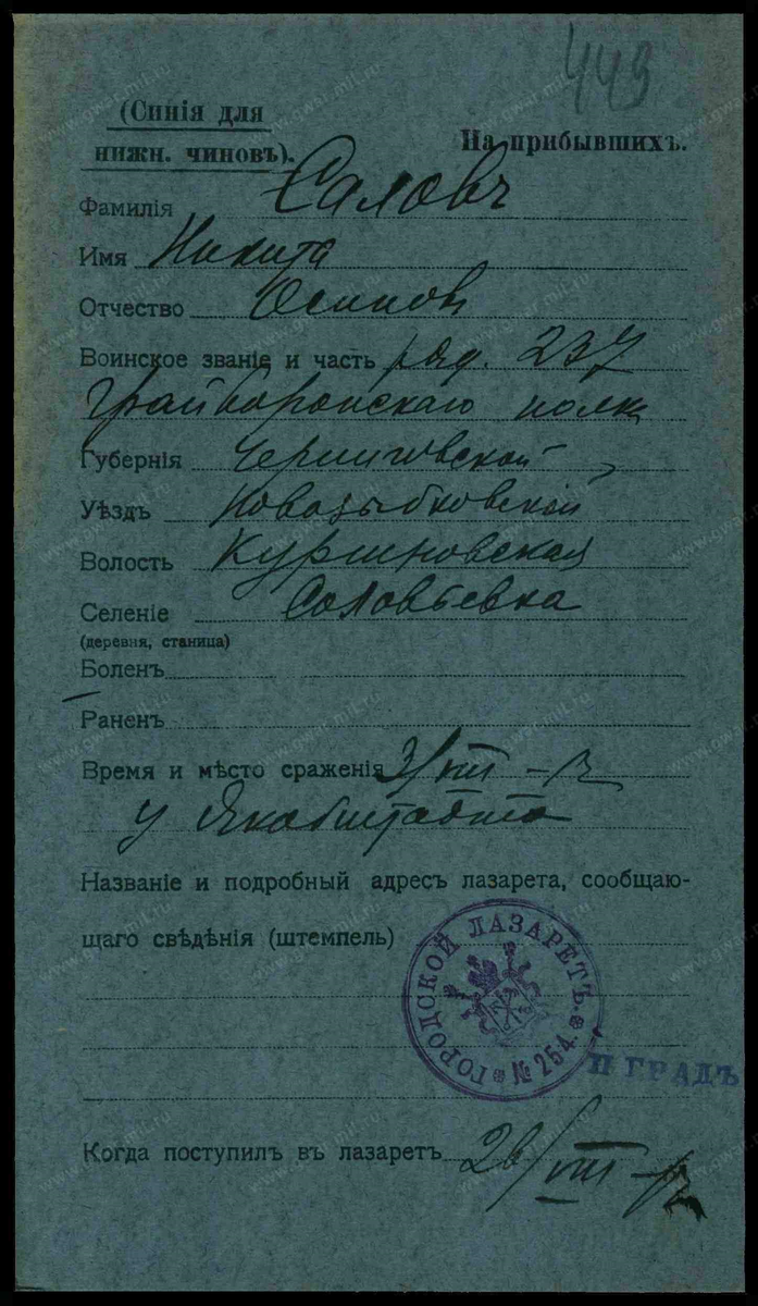 1917 год, карточка на прибывшего в лазарет. Первая Мировая война