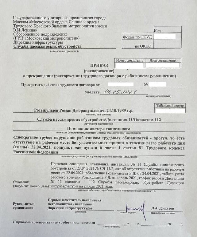 Приказ об увольнении Романа
