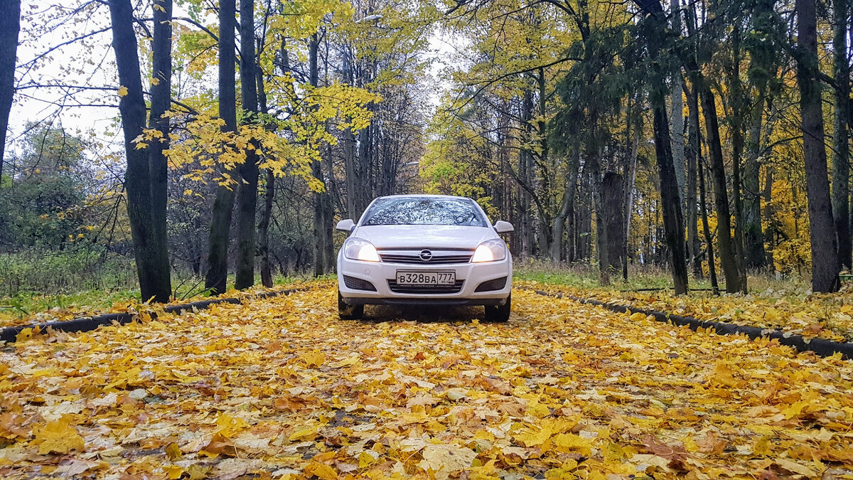 Уже по приезду в золотой осени. Мой верный конь - Opel Astra H 2013 года.