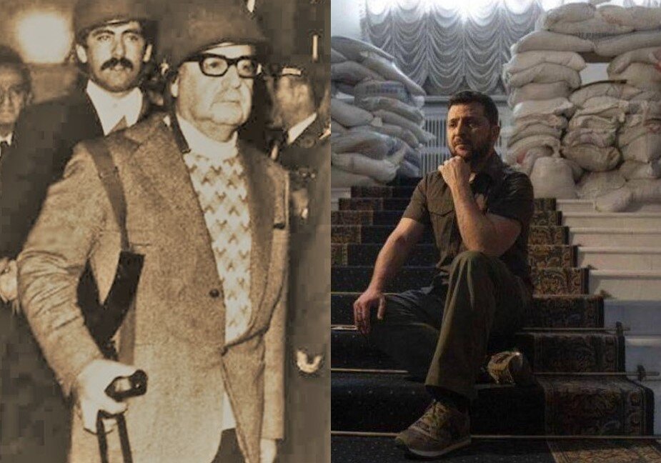 Президент Чили Сальвадор Альенде с автоматом во время обороны президентского дворца 11 сентября 1973 года, в этот день Альенде погиб. И Зеленский на ступеньках президентской резиденции во время гламурной постановочной фотосессии.