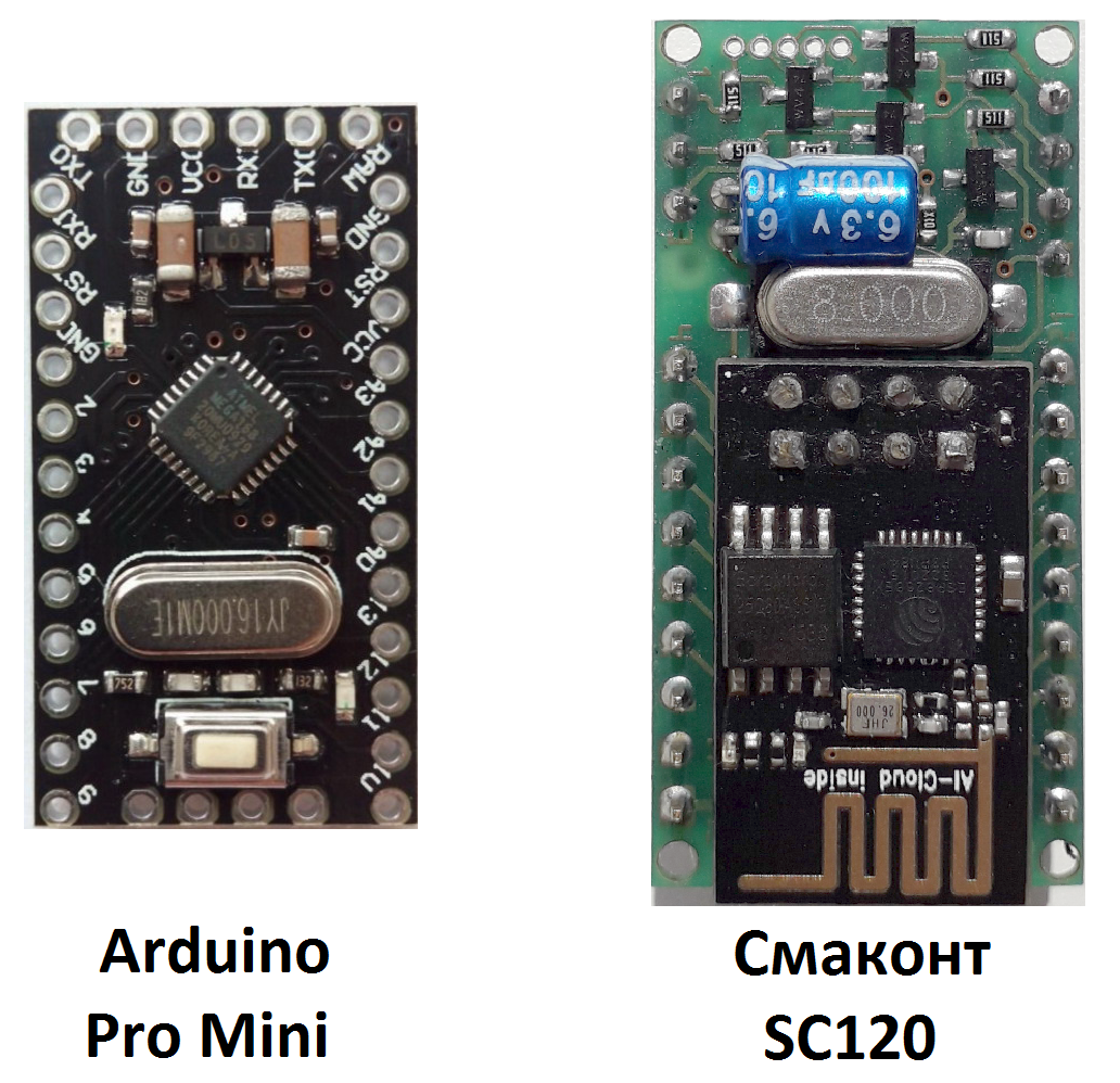 Внешний вид Arduino Pro Mini и WiFi-контроллера SC120