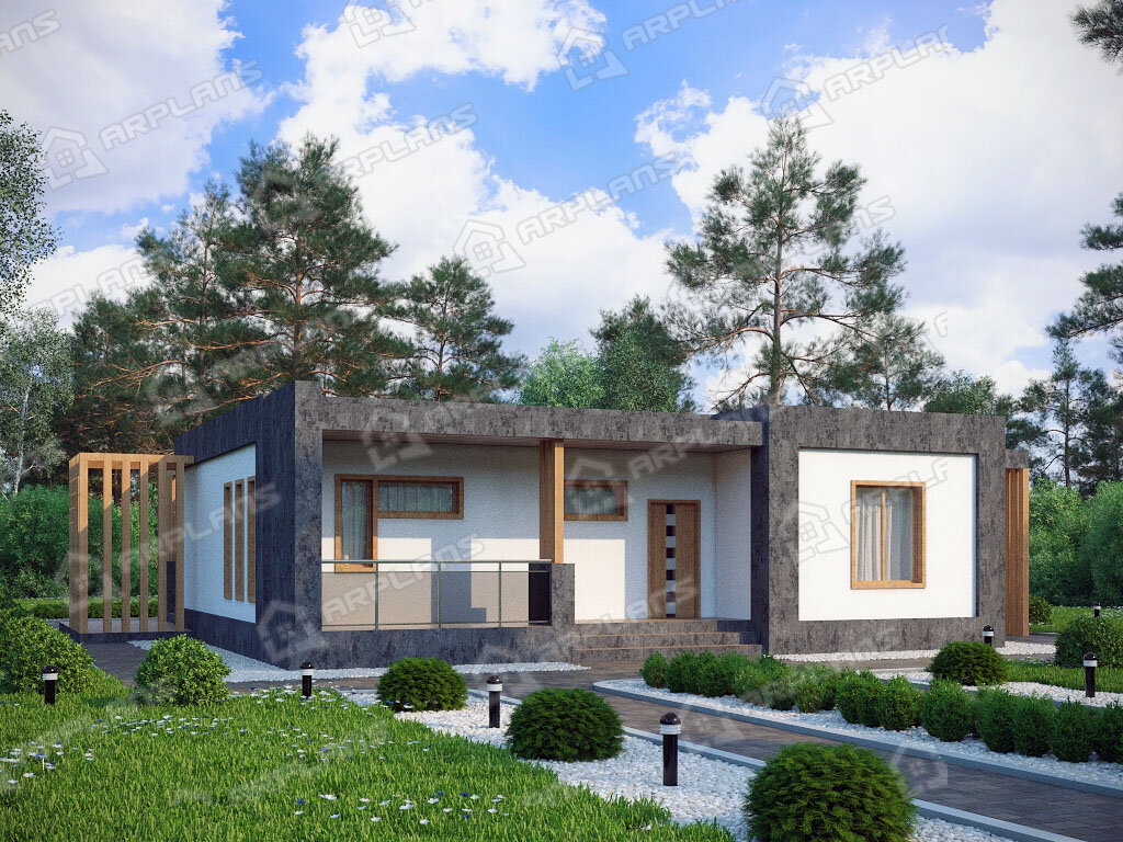 Фото 1 одноэтажного дома из газобетона с 2 спальнями, террасой и газовой котельной и навесом для машины. 110 кв м. Источник arplans.ru Проект К-190