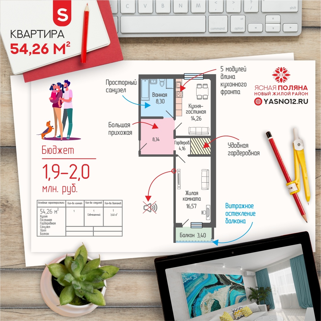 Евродвушка в ЖК "Ясная Поляна". Все планировки и цены на сайте www.yasno12.ru