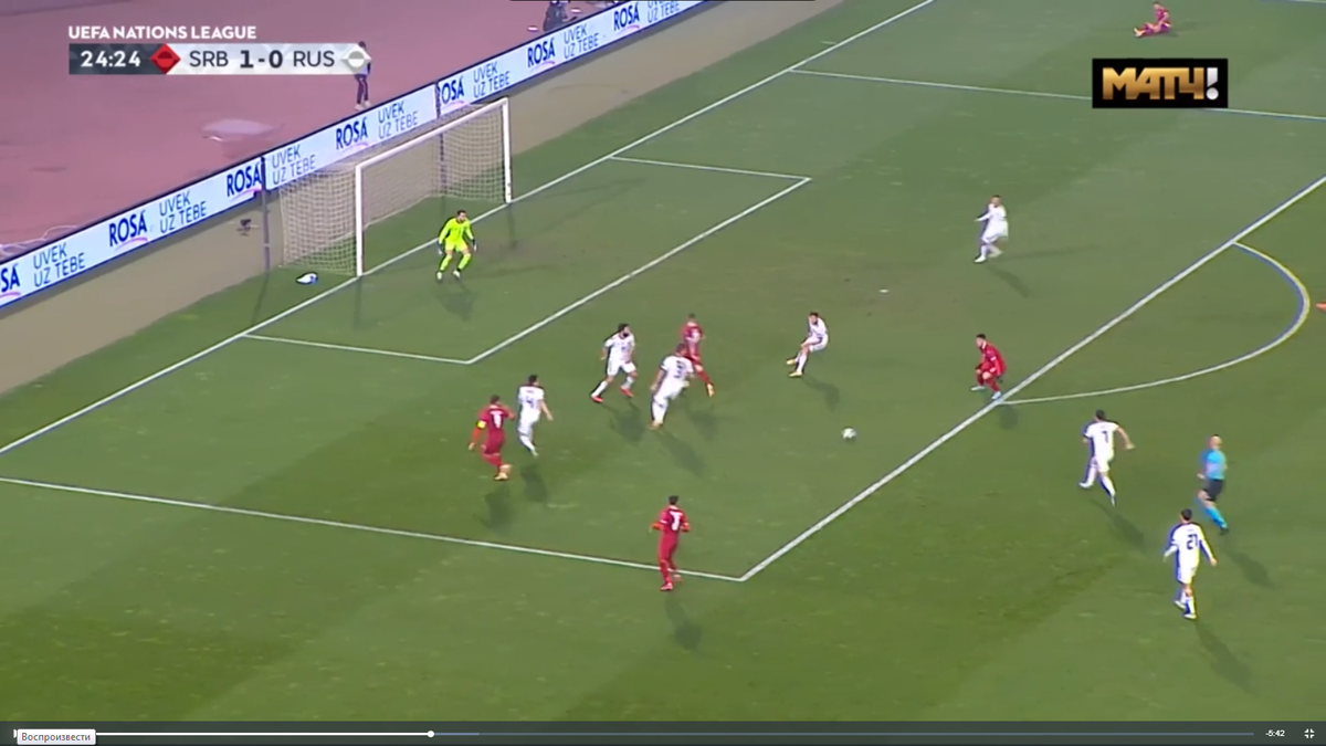 стоп кадр из трансляции матча в Сети. Комбинация Сербии, после чего счет стал 2-0