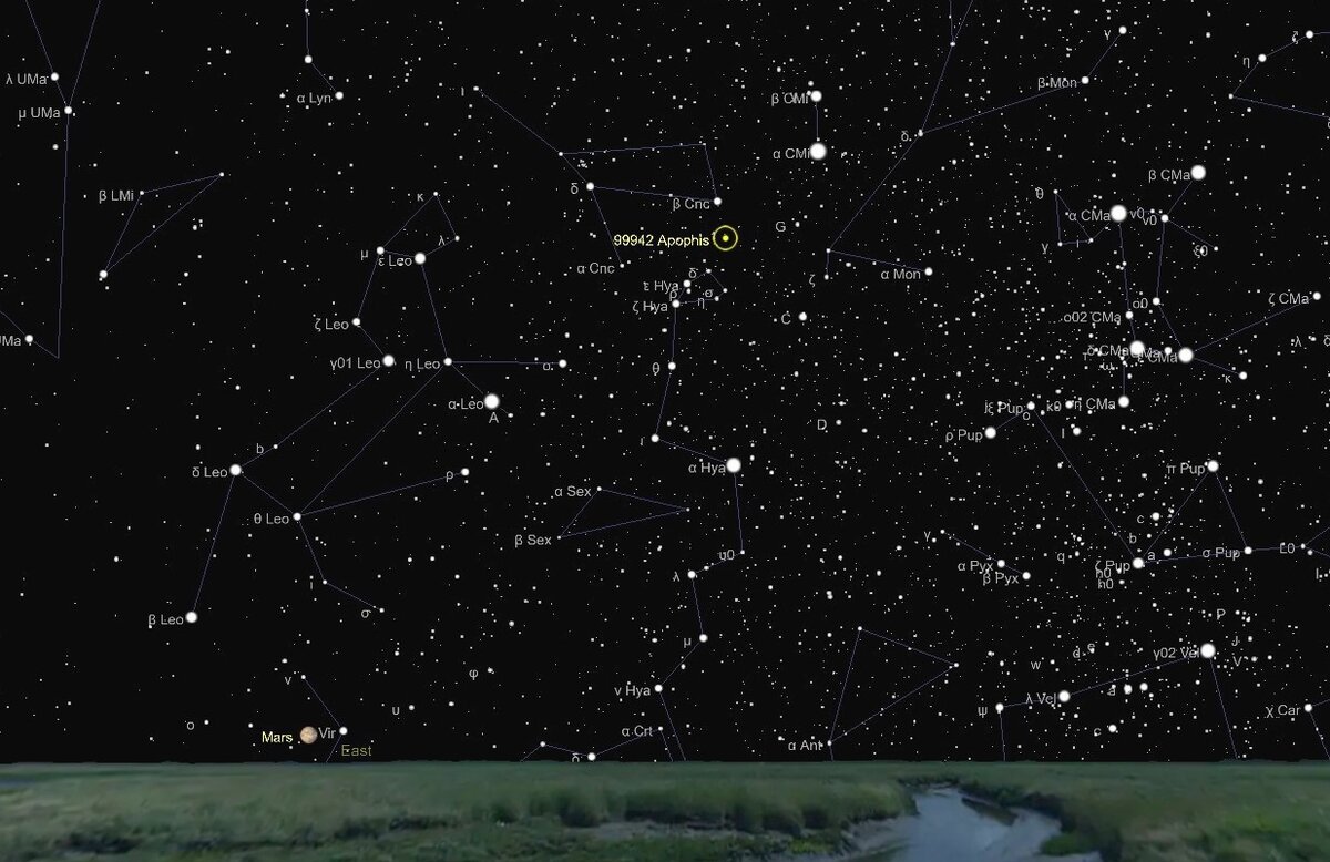 Апофис вечером 13 апреля 2029 года из Египта, с помощью сайта https://theskylive.com/planetarium