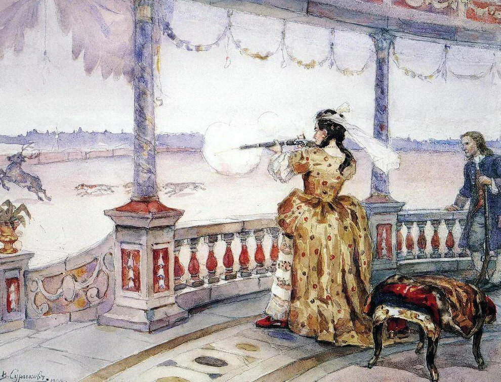 Василий Иванович Суриков.«Императрица Анна Иоанновна в петергофском Тампле стреляет оленей».1900 год