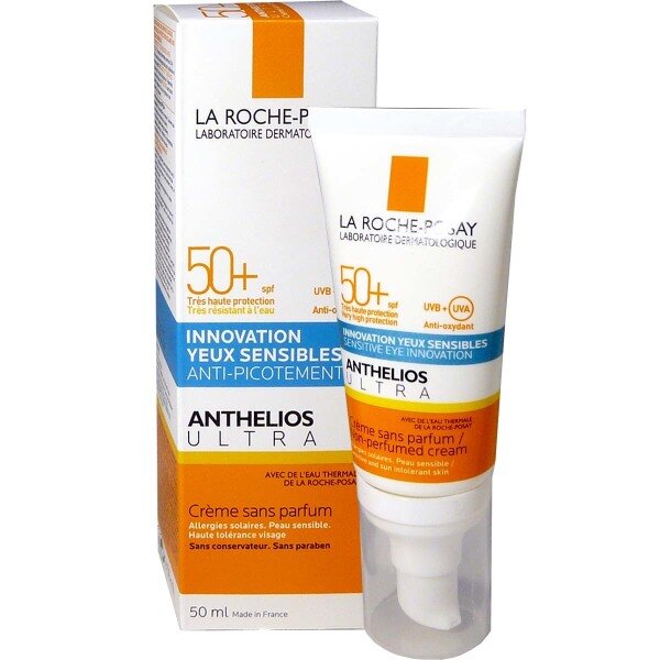 Французский солнцезащитный крем Anthelios Ultra Cream SPF 50+ от бренда La Roche-Posay предназначен для лица и кожи вокруг глаз. Этот продукт имеет оптимальную защиту SPF 50+, усиленную против излучения UVA благодаря технологии фильтра XL-Protect. Он также содержит термальную воду, обладающую успокаивающими и антиоксидантными свойствами. Крем протестирован под дерматологическим и офтальмологическим контролем. 
