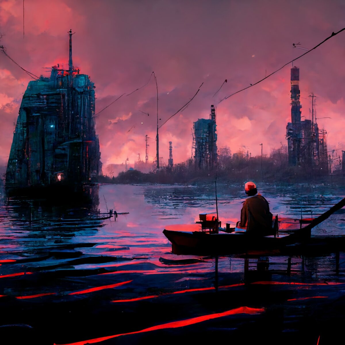 Нейросеть Midjourney "A tale about a fisherman and a fish in the cyberpunk style"