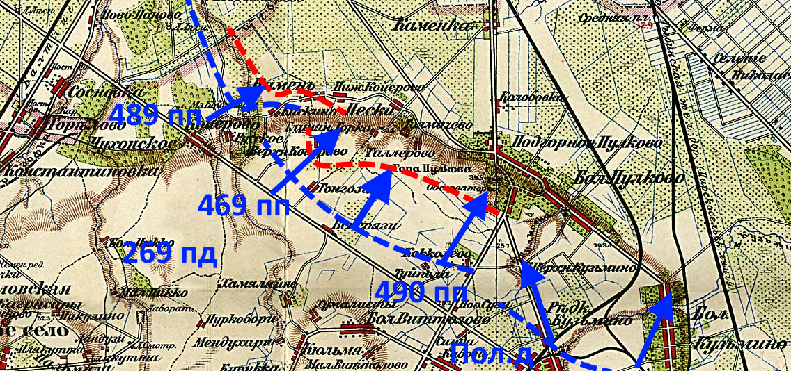 Направление ударов 23-го сентября. Исходная карта ещё дореволюционная, потому Койрово не Финское, а Чухонское.