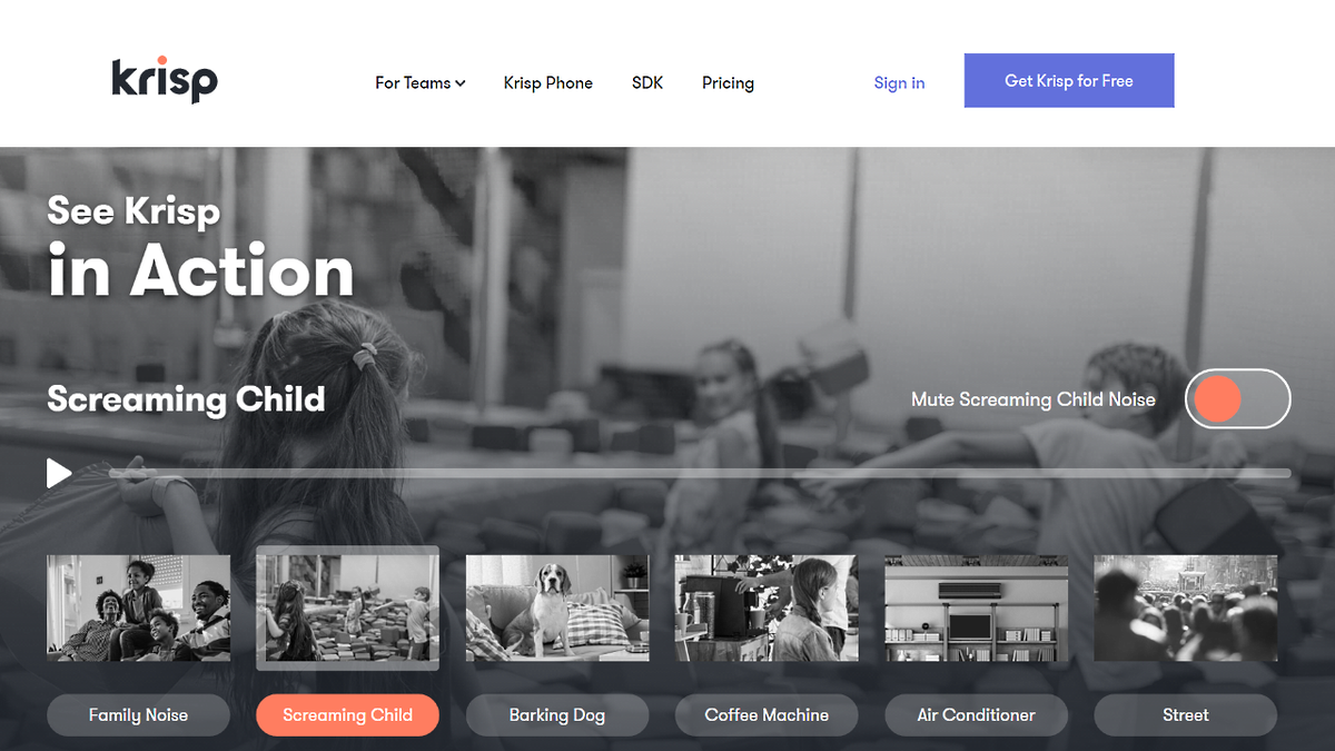 Чтобы не качать "кота в мешке" - вам сразу на страничке загрузки предлагают оценить работу алгоритма Krisp в различных ситуациях: детский сад, семейный ужин и т.д.