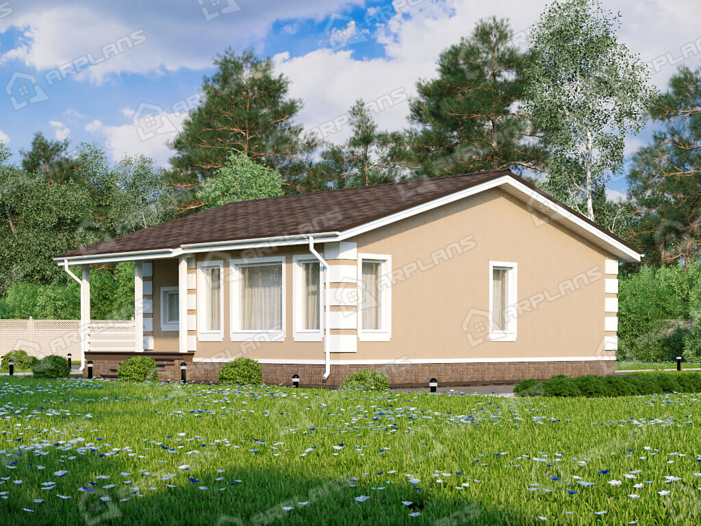 Фото 2 одноэтажного дома из газобетона с 3 спальней, террасой и бойлерной. 90 кв м. Источник arplans.ru Проект К-327