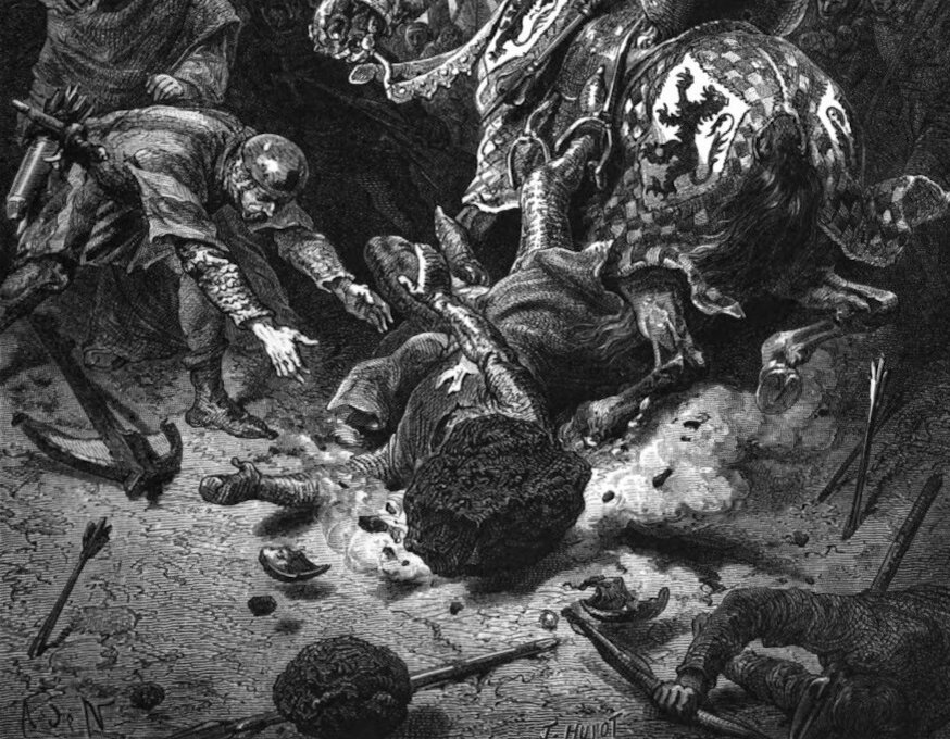 Снаряд, выпущенный из камнемета, угодил точно в голову. Гравюра XIX века. Художник: Alphonse De Neuville