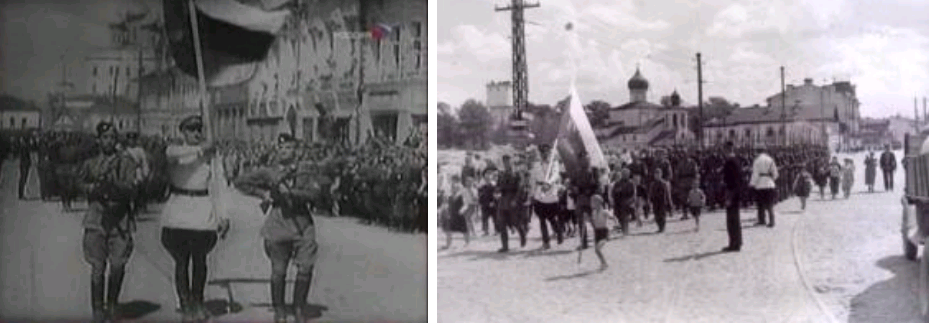 Бело-сине-красный триколор использовался как государственный во время парада РОА в Пскове 22 июня 1943 года (флаг нѐс белоэмигрант Г.П. Ламсдорф)