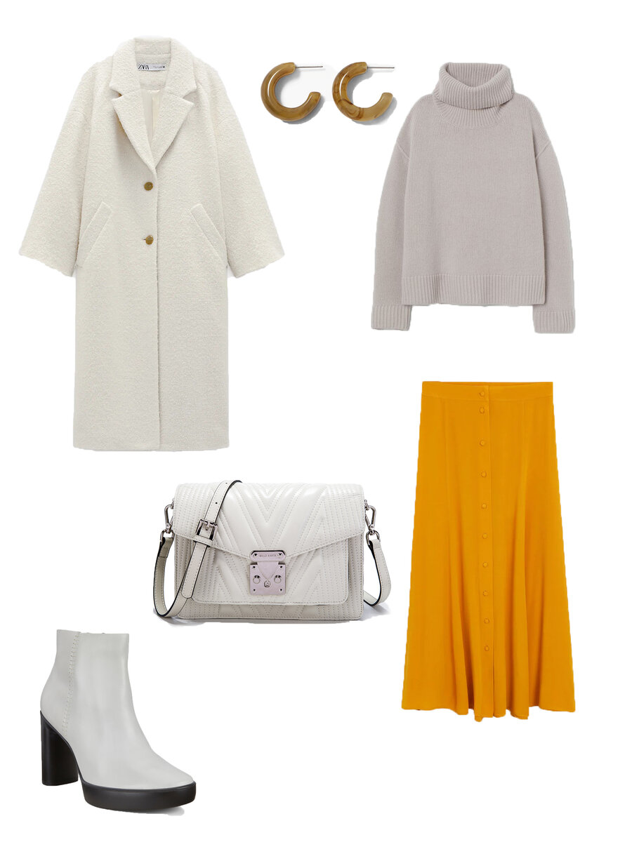 Пальто ZARA, артикул: 8360/643. Свитер H&M, артикул: 0907911001. Юбка MANGO, артикул: APT. 67045928-JOAQUIN-A-LM. Ботильоны ECCO, артикул: 207803/01002. Сумка MILLZ KARTA, артикул: MILLZ8088SS20. Серьги Stradivarius, артикул: REF. 0026/005-I2020.