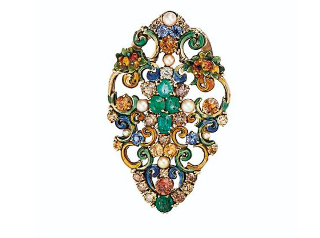 Л.К. Тиффани, ожерелье с драгоценными бриллиантами, эмалями полудрагоценными камнями и жемчугом, 1920г.