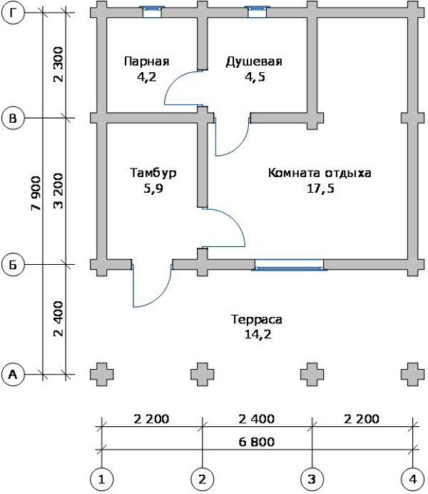 Проект бани из пеноблоков с комнатой отдыха