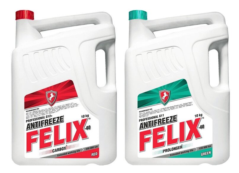 Антифризы Felix  красного и зеленого цвета - Felix Carbox G12+(красный) и Felix Prolonger G11 (зеленый). Производство "Тосол-Синтез" (Россия)