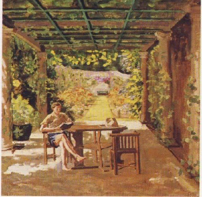 Рэндольф Черчилль, единственный сын Уинстона, за чтением под перголой, 1920 год. В будущем будет известен своими лекционными турами 1930-1931 годов, участием на многих театрах военных действий в 30-х годах, а также как автор первой в мире биографии отца(до смерти в 1968 году он успел написать лишь два тома).