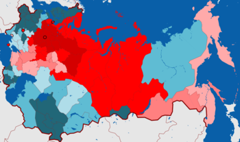 Расселение русских в России. Наибольшая концентрация выделена красным. 
