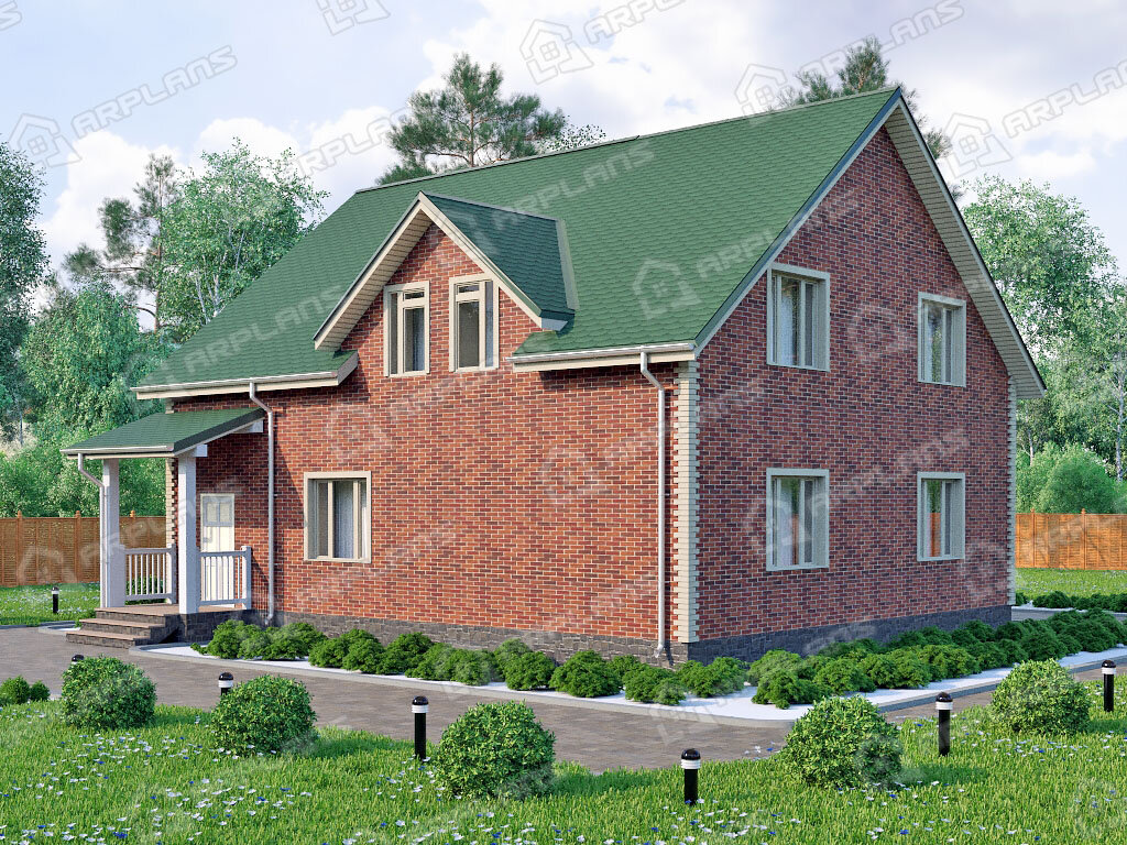 Фото 2 двухэтажного дома из газобетона с мансардой, 3 спальнями, газовой котельной и вторым светом. Полезная площадь 170 кв м. Источник arplans.ru Проект К-005