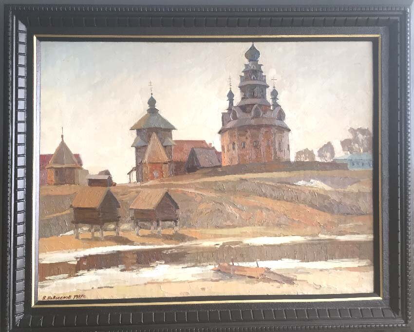 Валентин Новоселов "Суздаль. Музей деревянного зодчества" 60х80 картон дерево масло 1987