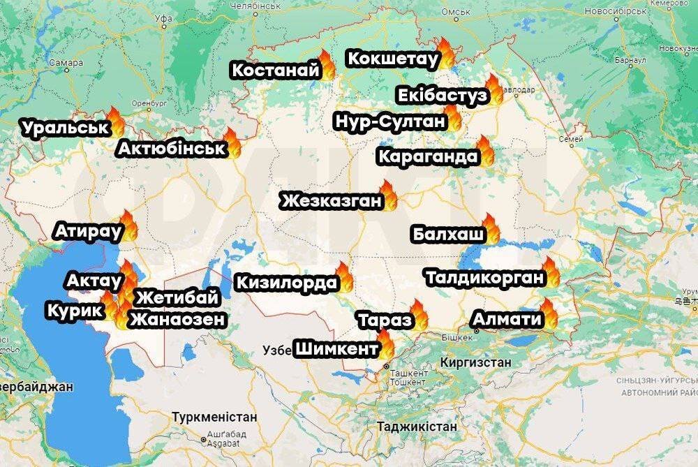 Обновлённая карта протестов в Казахстане 
