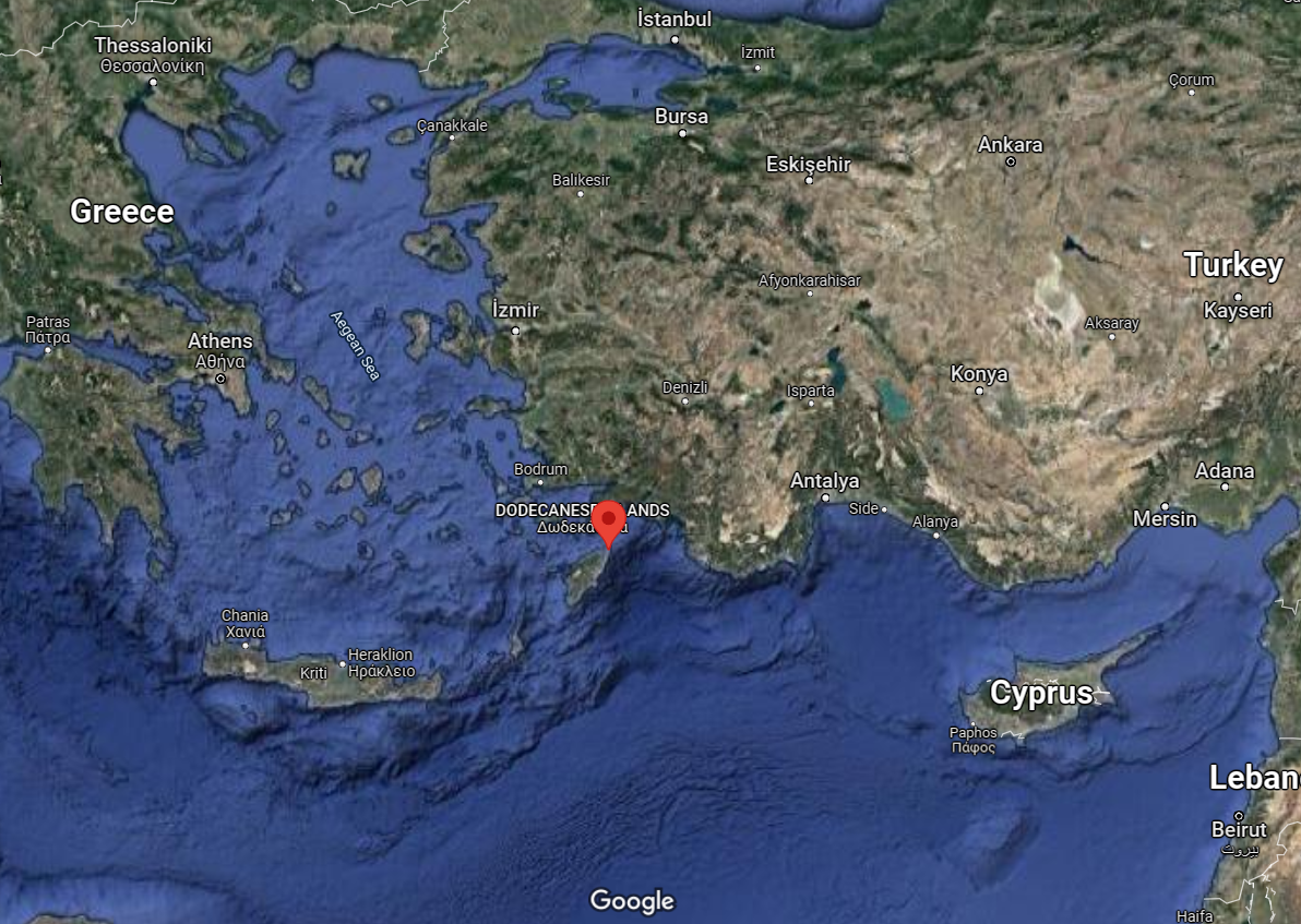 Предполагаемое место расположение статуи Колосса Родосского. Источник - Google Maps