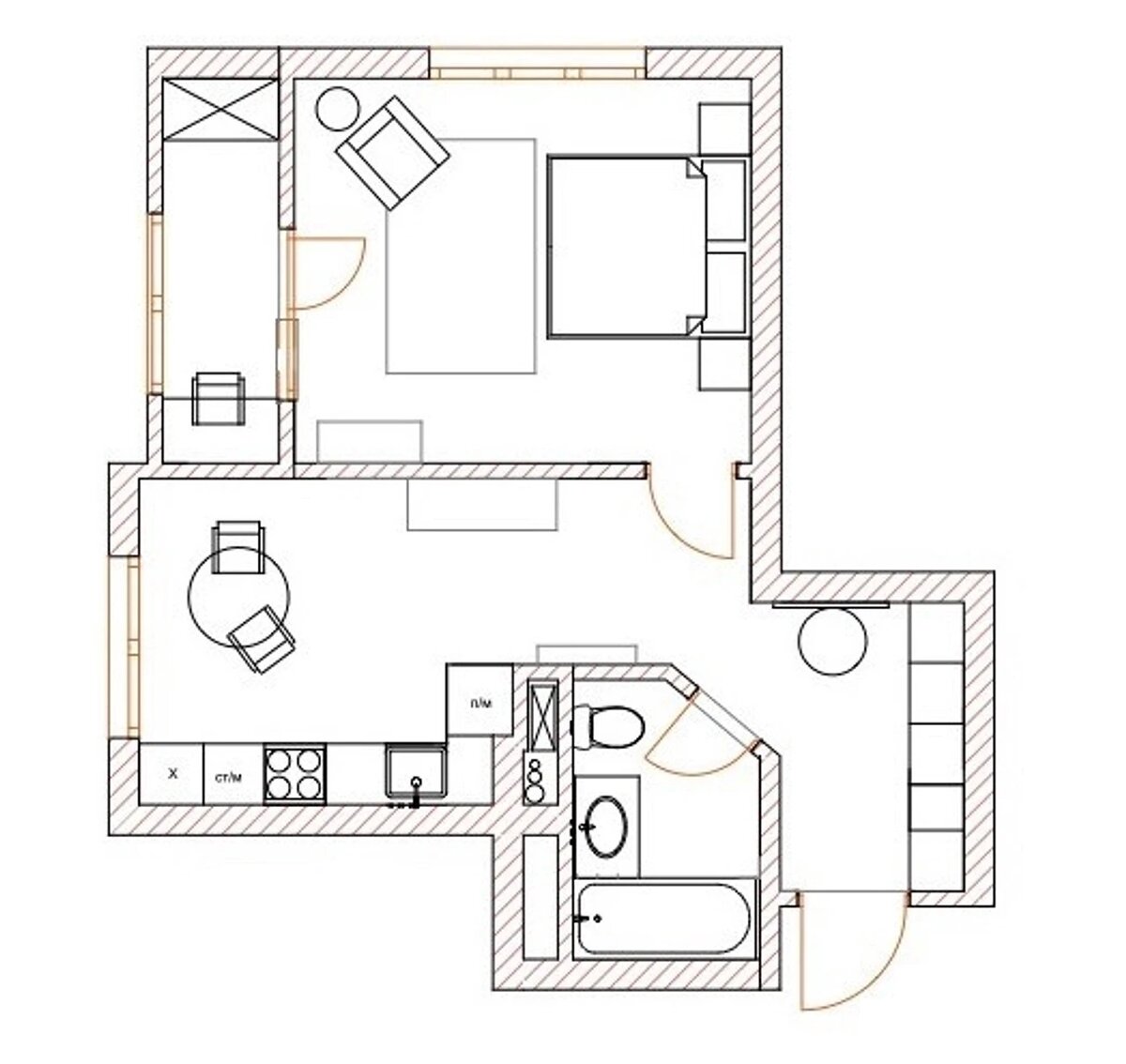 Квартира сдавалась без перегородок, но имелся план, рекомендованный застройщиком. В целом его придерживались, но без изменений не обошлось — заложили проём из кухни на лоджию, а санузел увеличили за счёт коридора.