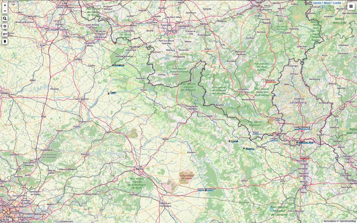 От Ландреси до Гюиза до Реймса ок. 30+90=120 км пути от Реймса до Стенай ок. 90 км пути
от Стенай до Люксембурга, в зависимости от дороги, 80–100 км
Итого – расстояние 290–310 км, которое королевская армия покрыла дважды менее чем за два месяца.