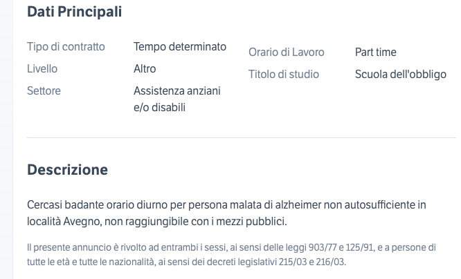 одно из предложений работы для сиделок на сайте subito.it (скриншот мой)