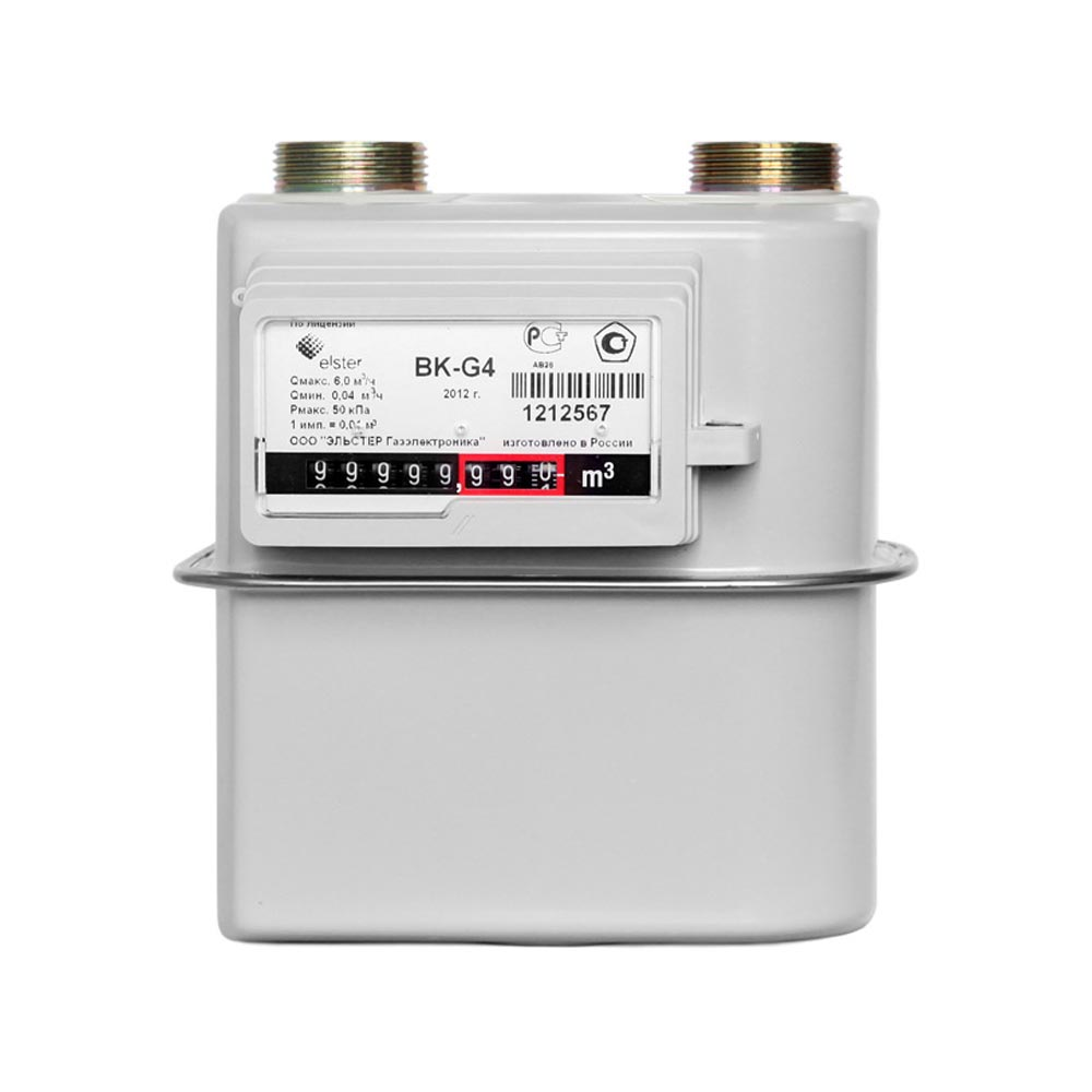 Вот такой газовый счетчик установлен у меня в квартире. Источник фото - https://www.saures.ru/katalog/schetchiki-gaza/schetchik-gaza-elster-bk-g4-110mm-d32/