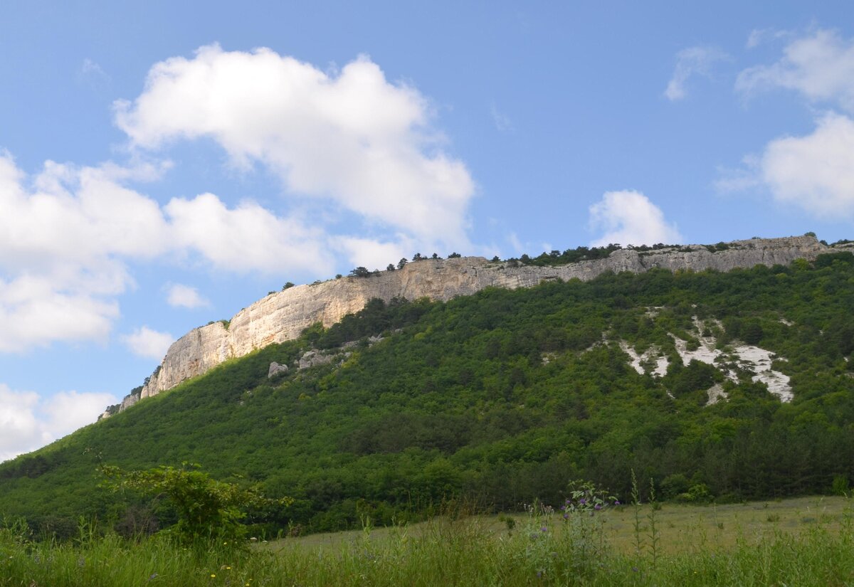 Это - Мангуп если смотреть на него со стороны дороги. Там наверху, на плато в средние века стоял город-крепость - столица Княжества Феодоро. Фото автора.